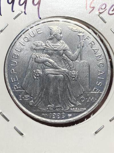 2025年第一百三十二场(总第一百五十八场）外国好品纸夹散币场(免佣金) - 原光好品法属波利尼西亚🇵🇫1999年5法郎(第二套流通硬币，Bee–蜜蜂标)