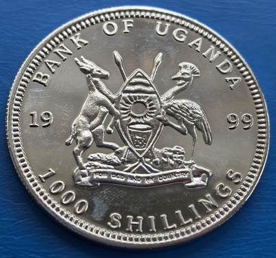 外国优质老铜币银币，周六九点倒数截拍，满百包邮，可寄存半年，喜欢朋友微信扫描二维码可直接参拍 - 精制乌干达1999年1000先令-奥地利1欧元彩色克朗型纪念币直径38mm，厚2.2mm,重20克