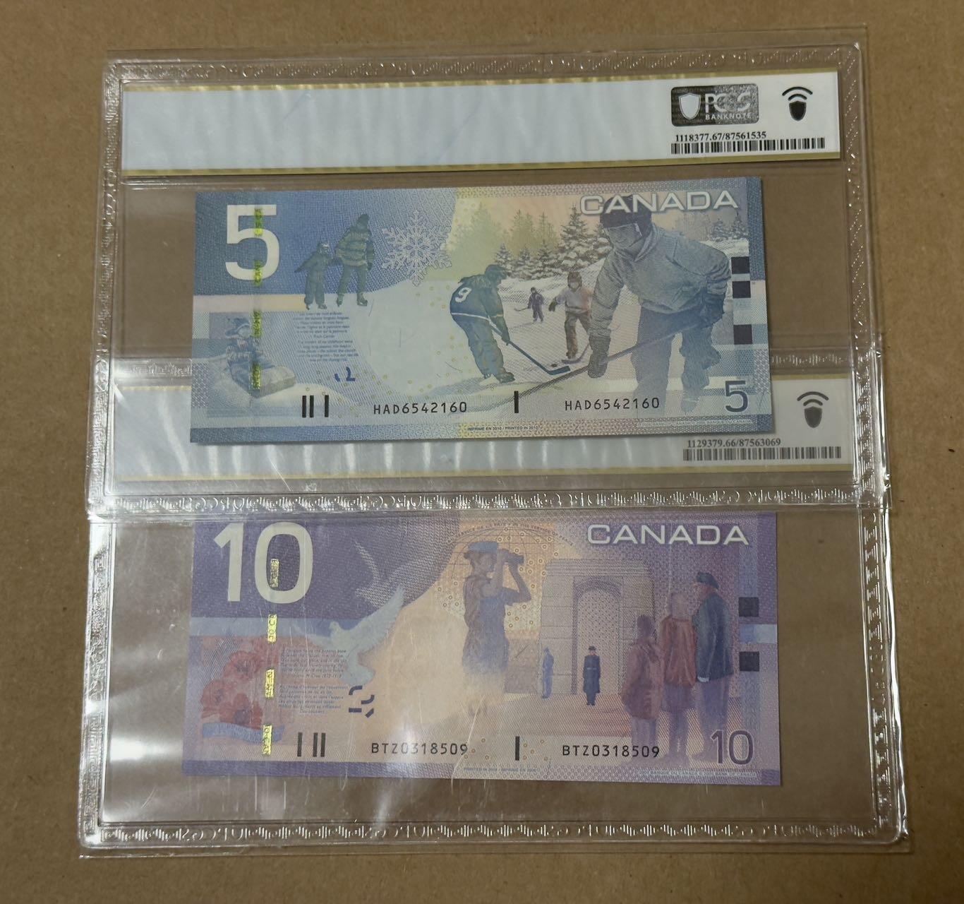 【礼羽收藏】🌏世界钱币拍卖第113期 加拿大旅版5-10元PCGS66-67分两张