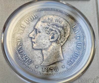 瓶子🏺第218期拍卖会 -  1878年西班牙阿方索十二世五比塞塔银币公博评级  AU50  原状态难得