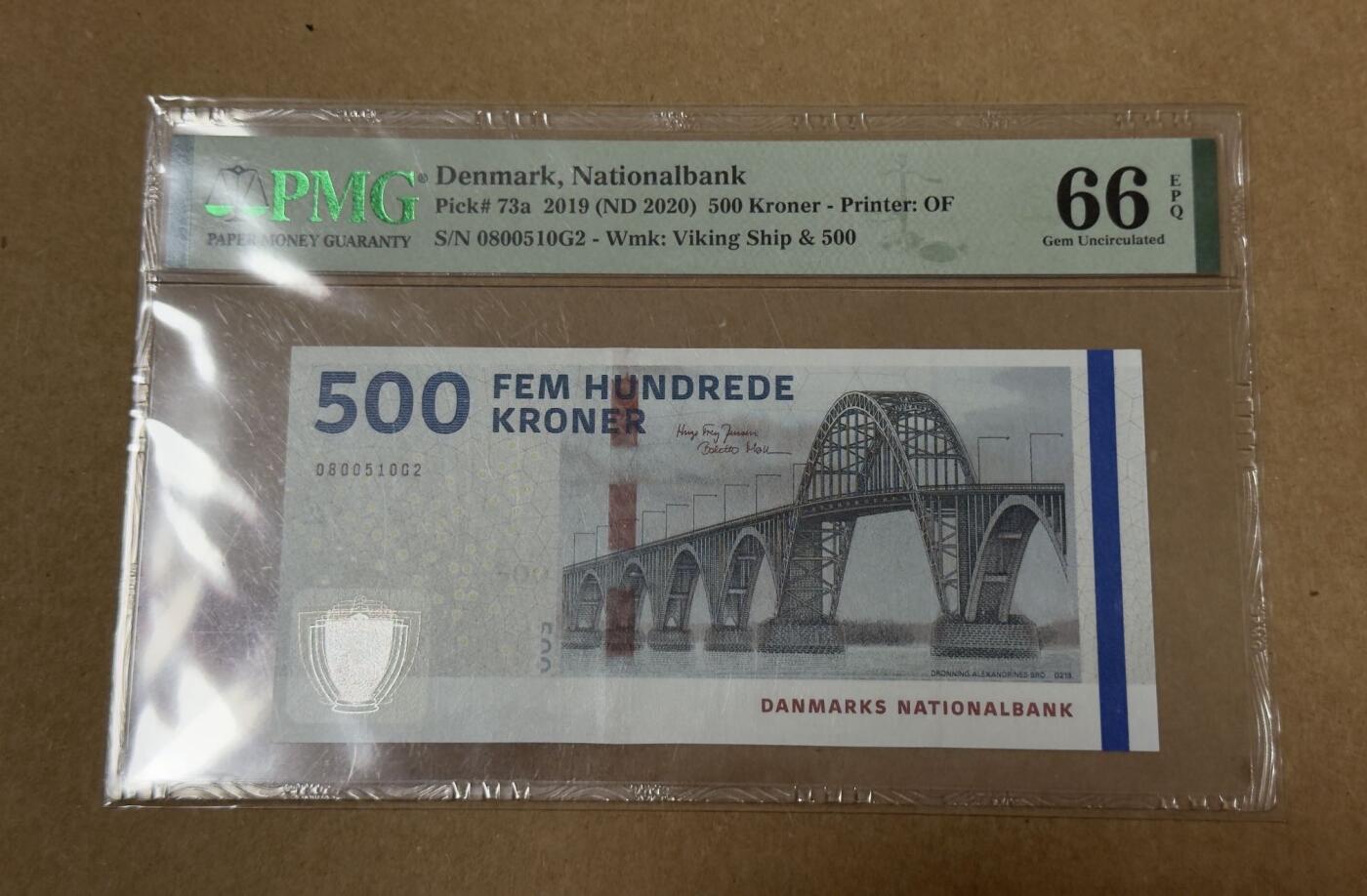 【礼羽收藏】🌏世界钱币拍卖第113期 丹麦桥版500克朗无3.4.7PMG66分