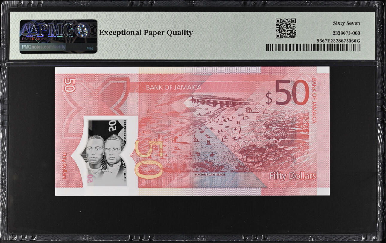 【礼羽收藏】🌏世界钱币拍卖第113期 PMG67 牙买加50元 纪念钞 稀少AA冠 无3457 倒置号（89 19 89）