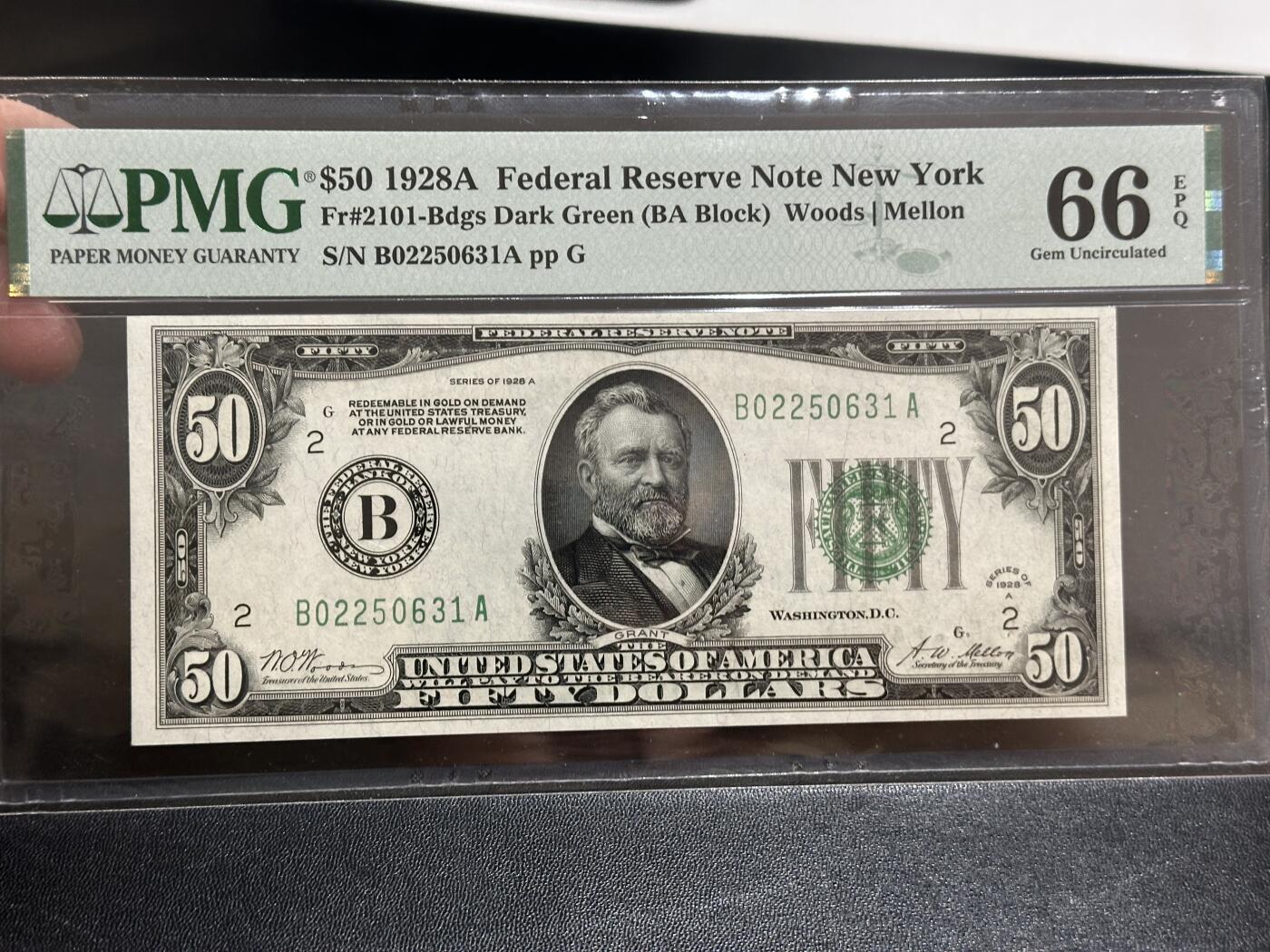 《外钞收藏家》第五百八十八期（优质场）（本平台长期征集拍品、欢迎藏友们联系合作） 1928年美国小头版50美元 PMG66 冠军分 无47