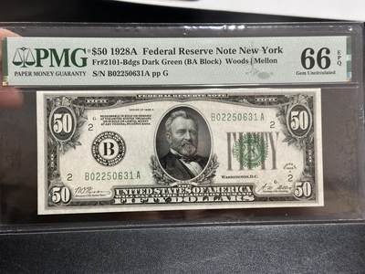 《外钞收藏家》第五百八十八期（优质场）（本平台长期征集拍品、欢迎藏友们联系合作） - 1928年美国小头版50美元 PMG66 冠军分 无47