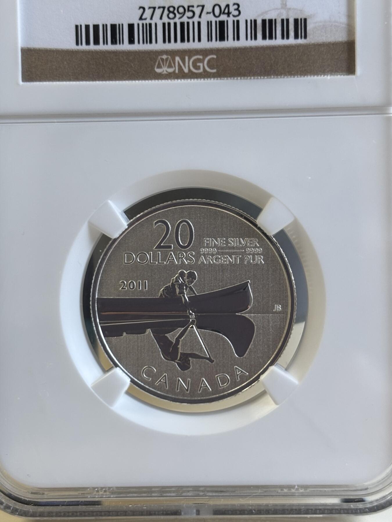 第183期拍卖 获奖银币加拿大 2011年 “20换20系列”独木舟纪念银币 NGC-SP69,7.96克，9999银，克劳斯年度最佳银币