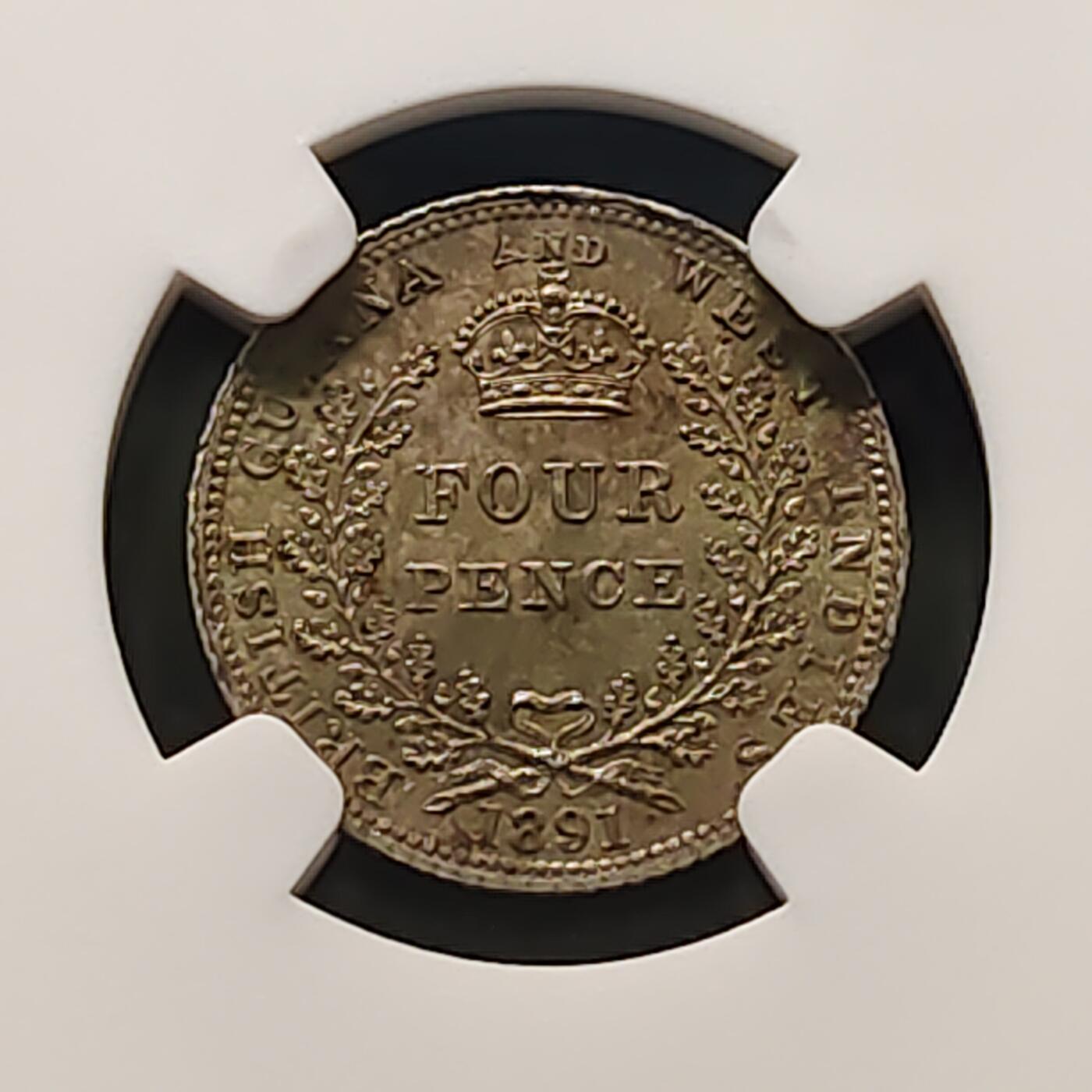 【全场包邮】纯粹捡漏拍481场（免费代拍第18场） 英属圭亚那1891年维多利亚女王4便士银币-NGC MS62