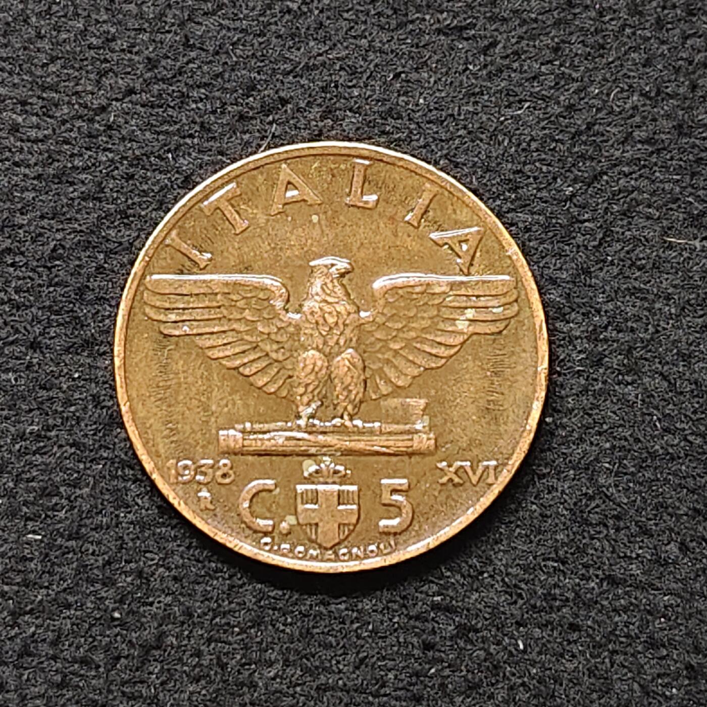 【全场包邮】纯粹捡漏拍480场（免费代拍第17场） 意大利1938年艾曼努尔三世5分铜币-带漆