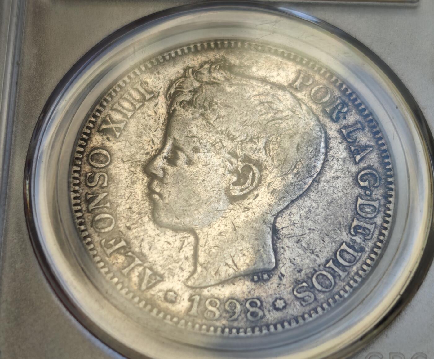 瓶子🏺第218期拍卖会  1898年西班牙  阿方索十三世五比塞塔银币公博  评级XF45