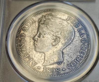 瓶子🏺第218期拍卖会 -  1898年西班牙  阿方索十三世五比塞塔银币公博  评级XF45