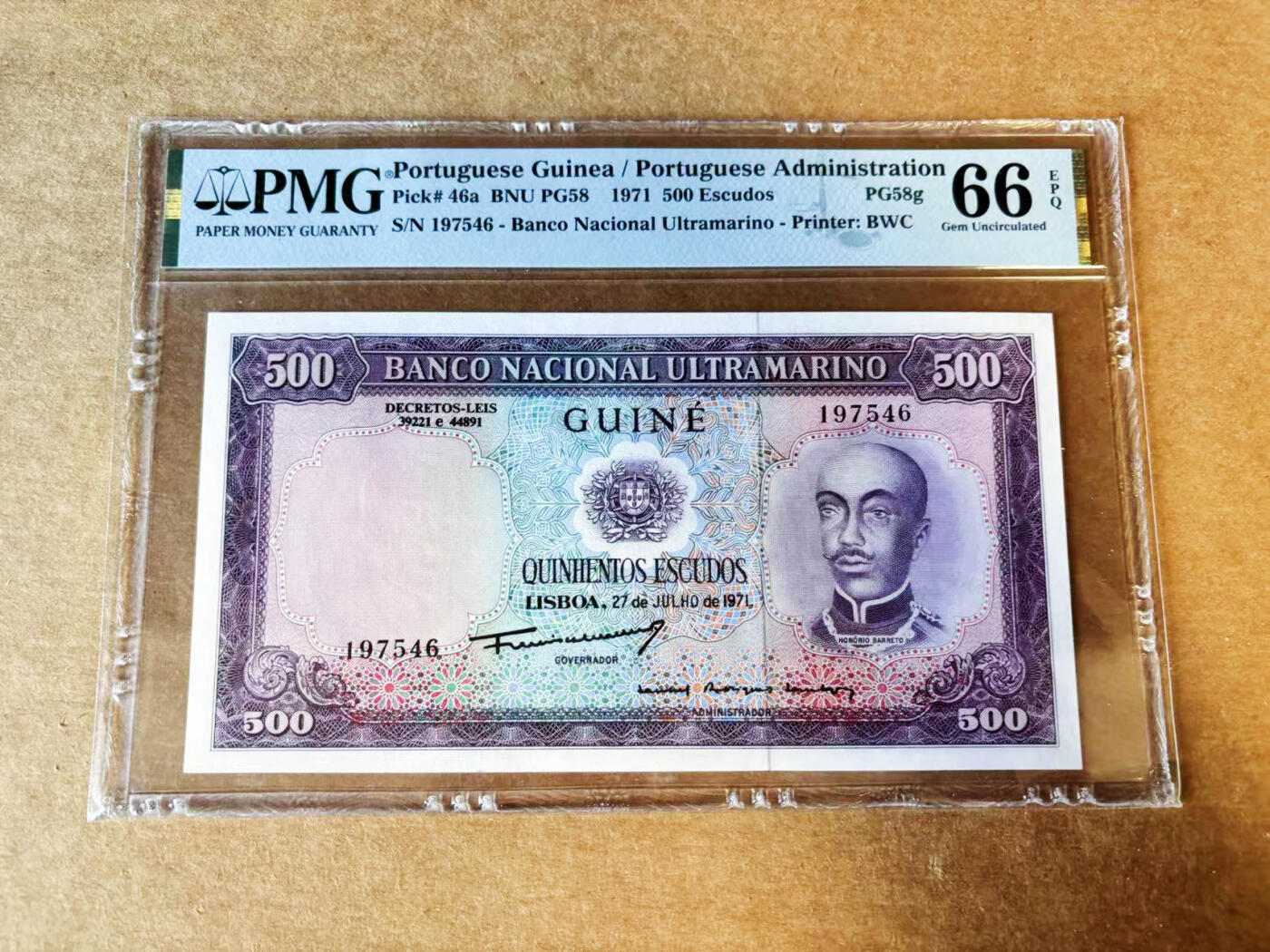 【Blue Auction】世界纸币精拍第755期——18级TOP拍卖/信誉/品质/专业/高效💫 【亚军分】葡属几内亚 1971年500埃斯库多 BWC出品雕刻精美 人物为霍里奥·巴雷托 背面经典场景 PMG66EPQ