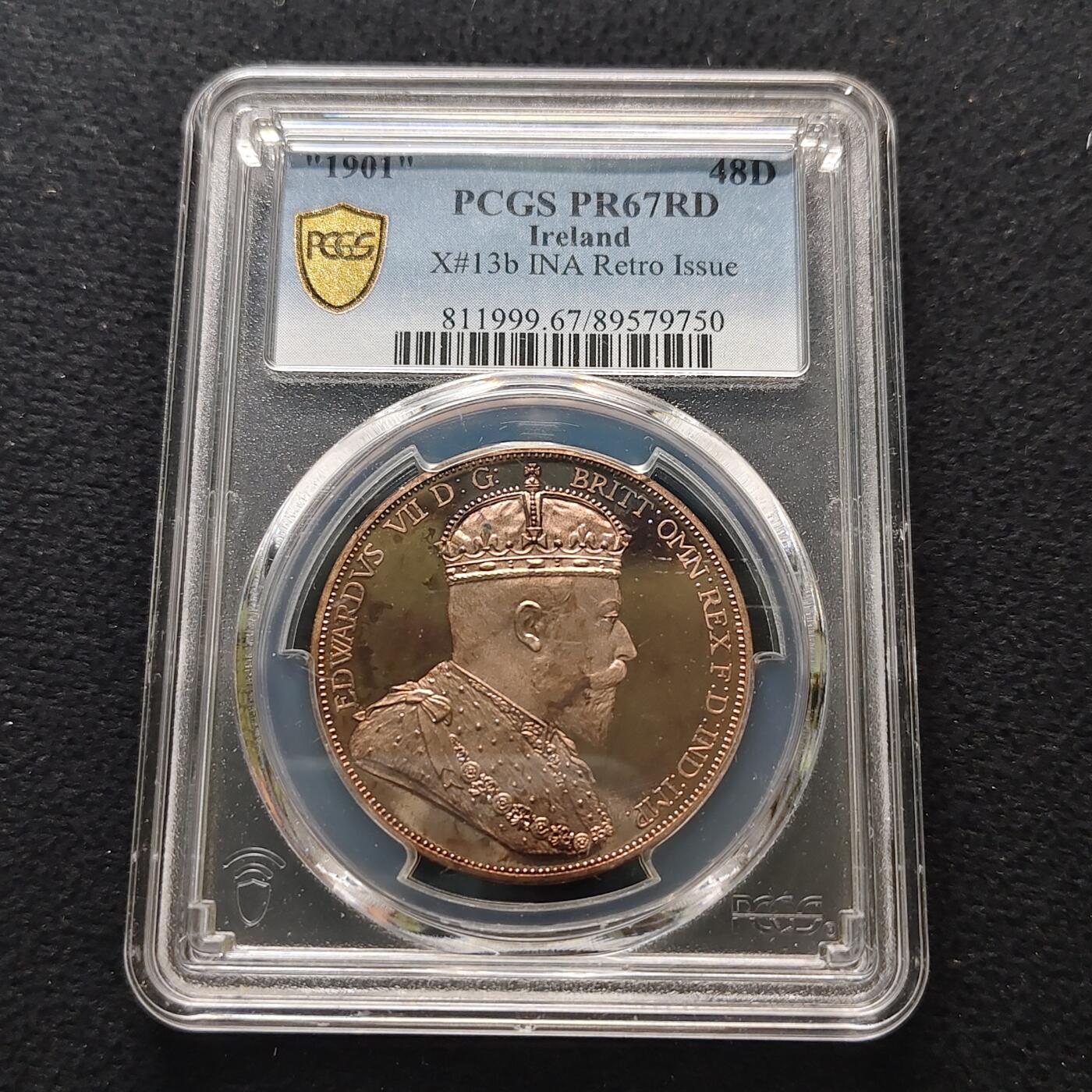 【全场包邮】纯粹捡漏拍481场（免费代拍第18场） 【稀少】爱尔兰1901年爱德华七世48便士精制铜币X13b-量425-PCGS PR67 RD