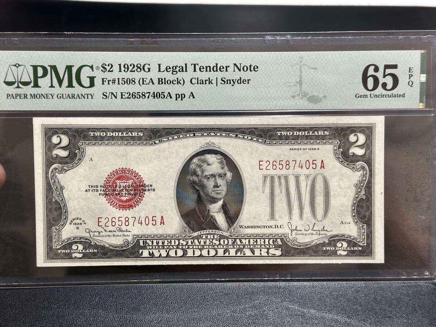 《外钞收藏家》第五百八十八期（优质场）（本平台长期征集拍品、欢迎藏友们联系合作） 1928年美国2美元 红库印 PMG65