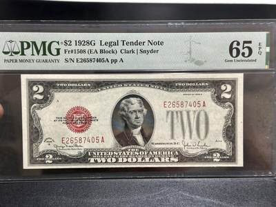 《外钞收藏家》第五百八十八期（优质场）（本平台长期征集拍品、欢迎藏友们联系合作） - 1928年美国2美元 红库印 PMG65