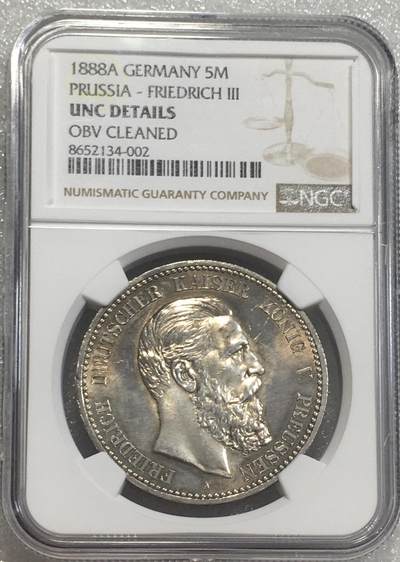 世界钱币专场拍卖 每周二开拍 - NGCUNCD德国普鲁士1888年弗里德里希三世短翅5马克银币