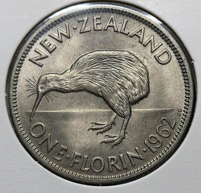 外国优质老铜币银币，周六九点倒数截拍，满百包邮，可寄存半年，喜欢朋友微信扫描二维码可直接参拍 - 极美品新西兰1962年2先令