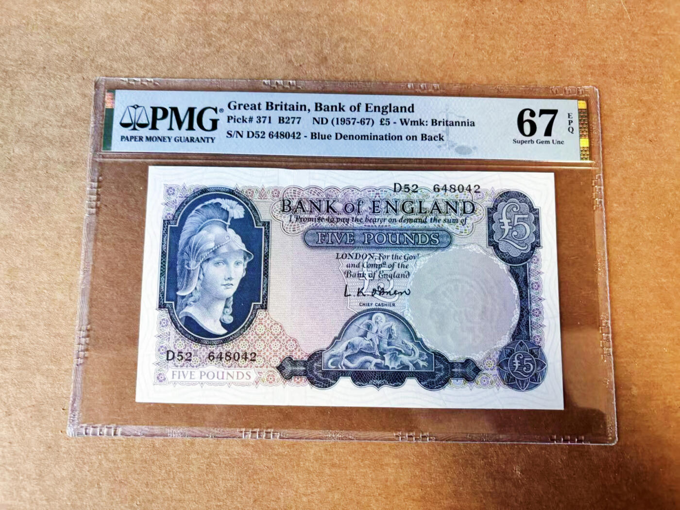 【Blue Auction】世界纸币精拍第755期——18级TOP拍卖/信誉/品质/专业/高效💫  英国 B序列1957-67年5镑 PMG67EPQ 高分