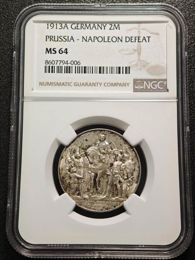 【德藏】世界币章拍卖第154期（拍品征集中~欢迎藏友联系） - 1913年 德国普鲁士战胜拿破仑100周年2马克银币 NGC MS64 原味包浆 好品好状态 