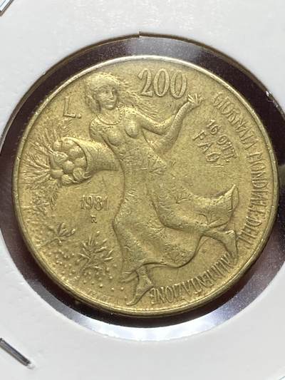 2025年第一百三十二场(总第一百五十八场）外国好品纸夹散币场(免佣金) - 较少见–意大利🇮🇹1981单年份200里拉(FAO纪念币)