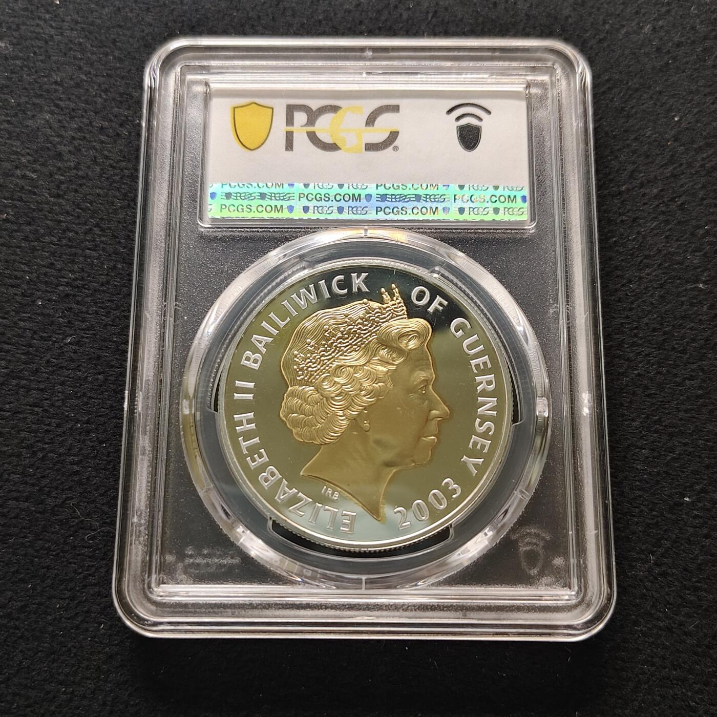 【全场包邮】纯粹捡漏拍481场（免费代拍第18场） 根西2003年5镑加冕五十周年局部镀金精制克朗型纪念银币-PCGS PR68 DCAM