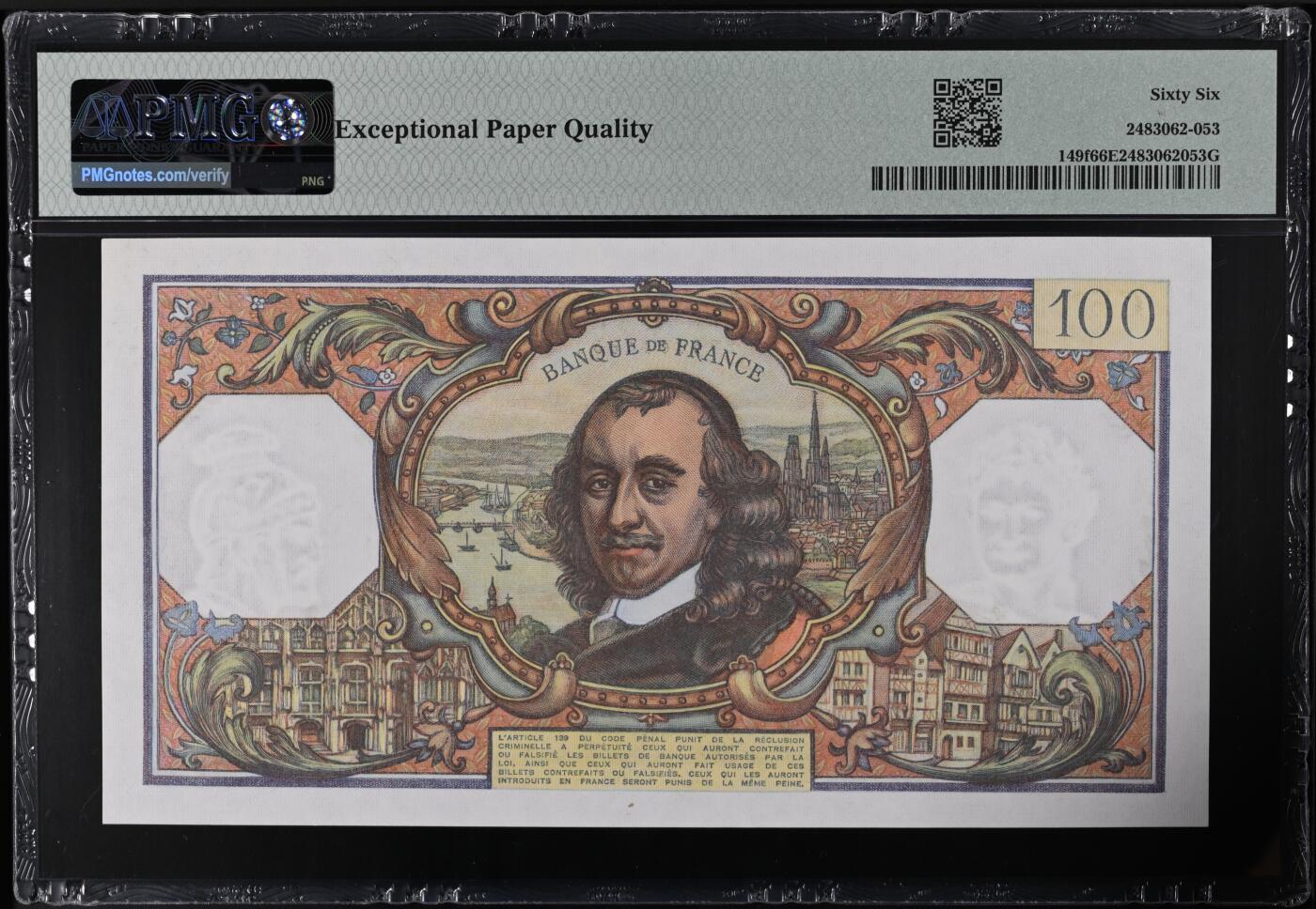 《外钞收藏家》第五百八十八期（优质场）（本平台长期征集拍品、欢迎藏友们联系合作） 1978年法国100法郎 高乃依 PMG66