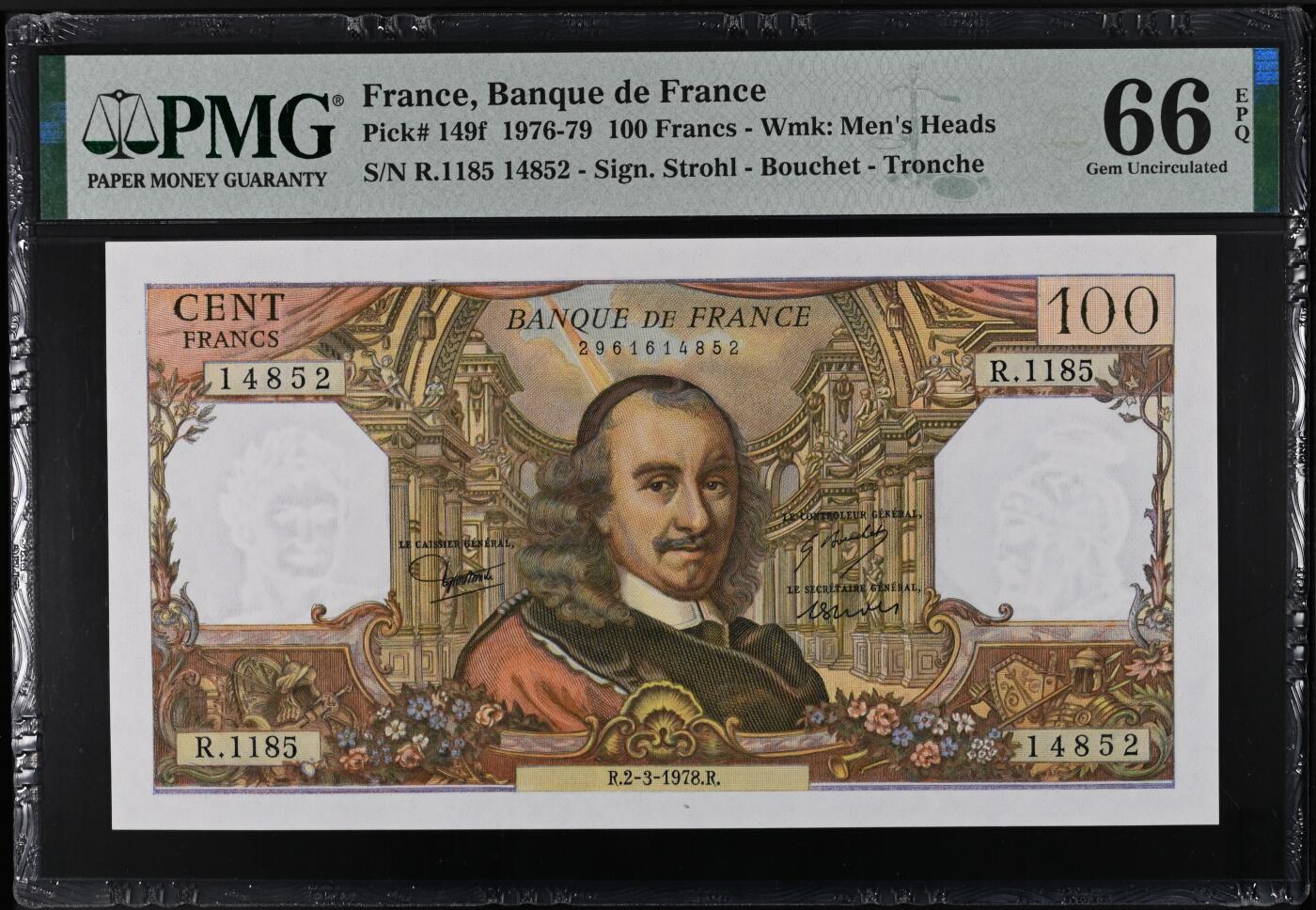 《外钞收藏家》第五百八十八期（优质场）（本平台长期征集拍品、欢迎藏友们联系合作） 1978年法国100法郎 高乃依 PMG66