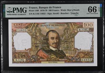 《外钞收藏家》第五百八十八期（优质场）（本平台长期征集拍品、欢迎藏友们联系合作） - 1978年法国100法郎 高乃依 PMG66