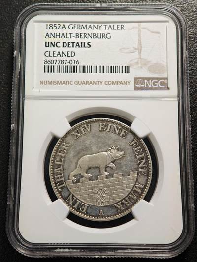 【德藏】世界币章拍卖第154期（拍品征集中~欢迎藏友联系） - 1852年 德国安哈特小熊爬墙泰勒银币 NGC UNC 高点不错 细节很好 比较可惜没有出分