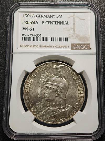 【德藏】世界币章拍卖第154期（拍品征集中~欢迎藏友联系） - 1901年 德国普鲁士建国200周年5马克银币 NGC MS61 细节很好 略微低评