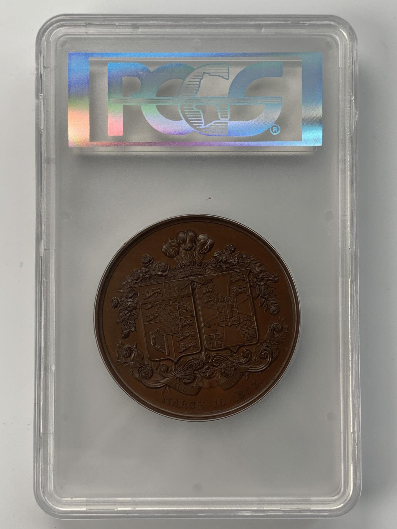 掌中浮雕-藏着的欧洲第043场 PCGS SP67 : 1863年英国威尔士亲王爱德华与丹麦亚历山德拉公主大婚纪念铜章，63mm
