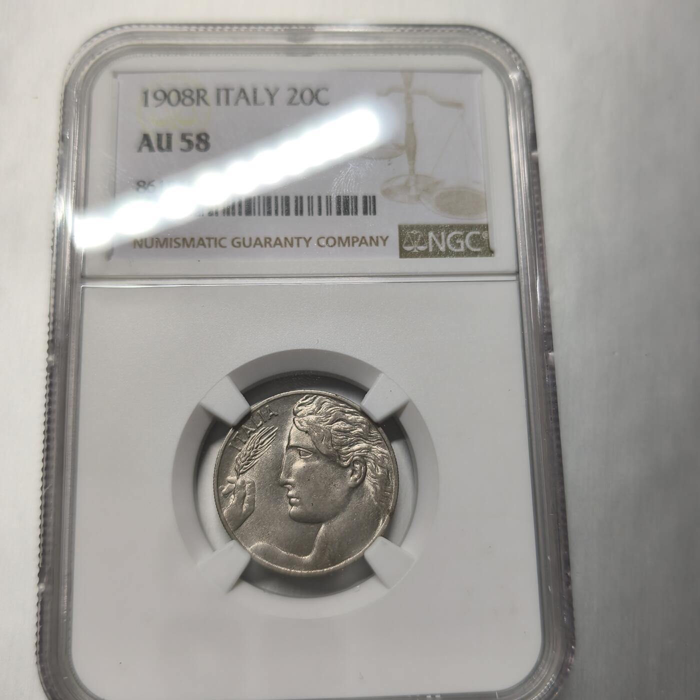 老蟹的宝藏🏴‍☠️ IV NGC AU58 1908R年 意大利20分-严评