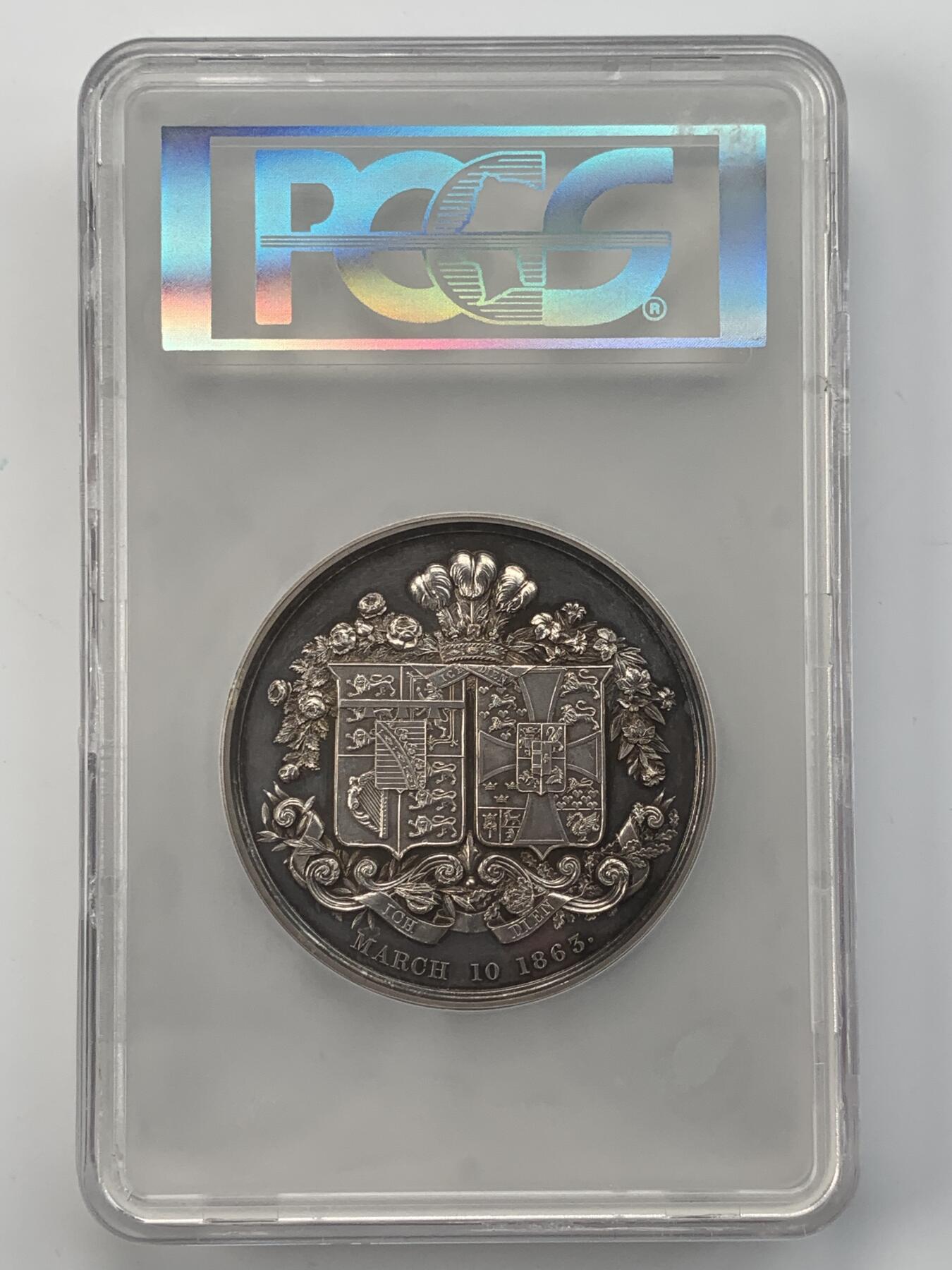 掌中浮雕-藏着的欧洲第043场 PCGS SP62 : 1863年英国威尔士亲王爱德华与丹麦亚历山德拉公主大婚纪念银章，63mm