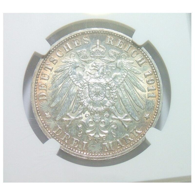 【银】NGC UNC 德国符腾堡1911年 威廉二世银婚3马克银币 金色包浆 开卷原光