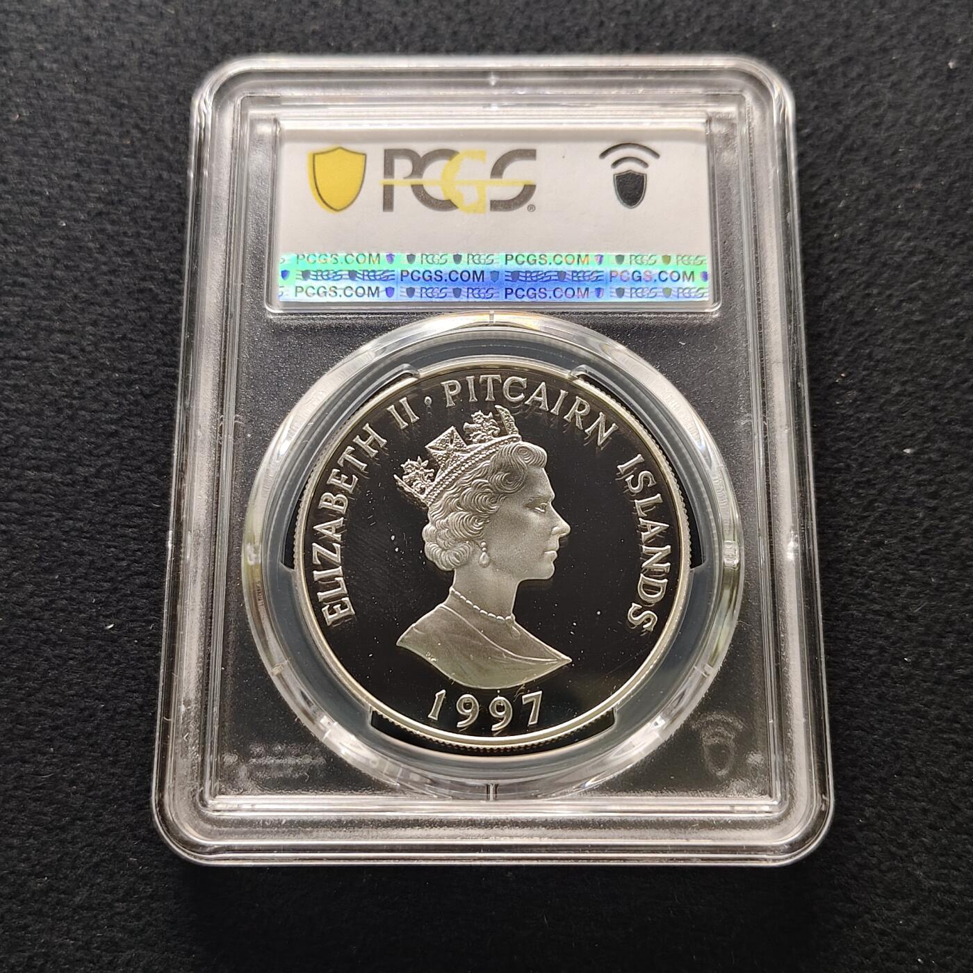 【全场包邮】纯粹捡漏拍481场（免费代拍第18场） 英属皮特凯恩1997年10元女王金婚局部镀金精制克朗型纪念银币-PCGS PR68 DCAM