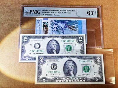 【Blue Auction】世界纸币精拍第755期——18级TOP拍卖/信誉/品质/专业/高效💫 - 【一组3张 含AA冠】北爱尔兰 2018年5镑 PMG67EPQ&美国 2013年2美金 全新UNC
