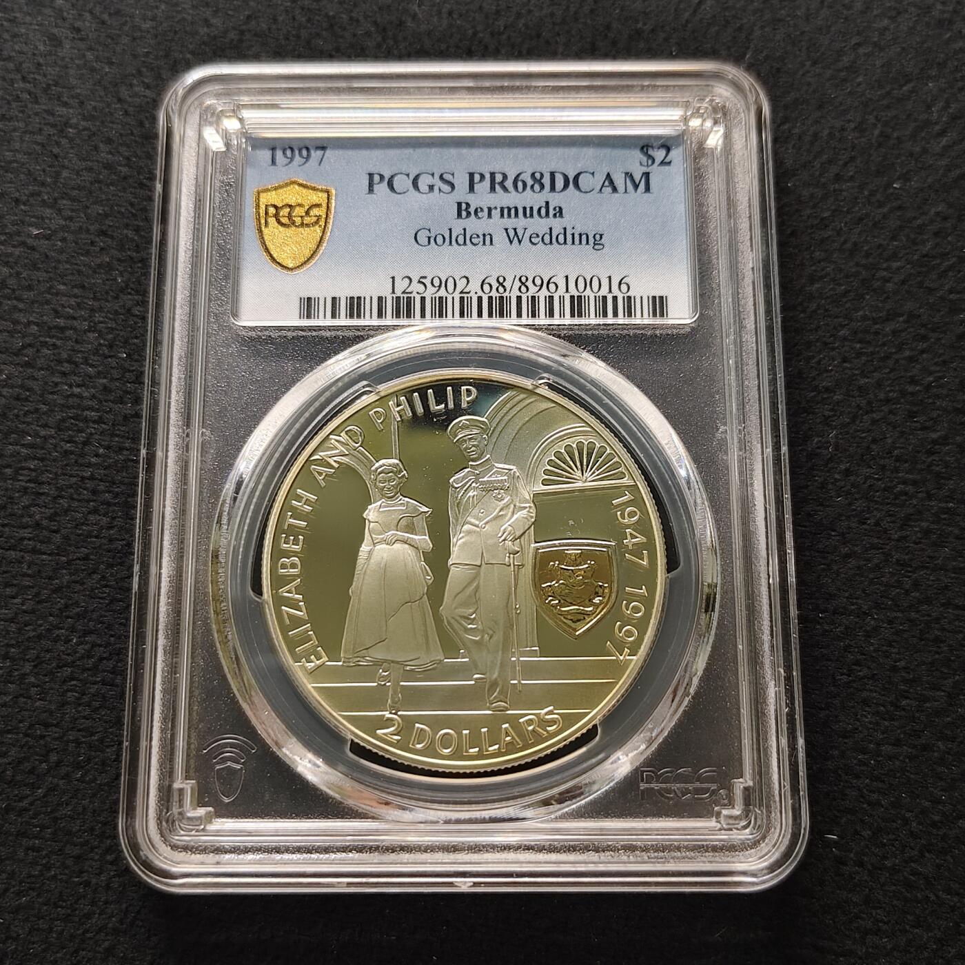 【全场包邮】纯粹捡漏拍481场（免费代拍第18场） 百慕大群岛1997年2元女王金婚局部镀金精制克朗型纪念银币-PCGS PR68 DCAM