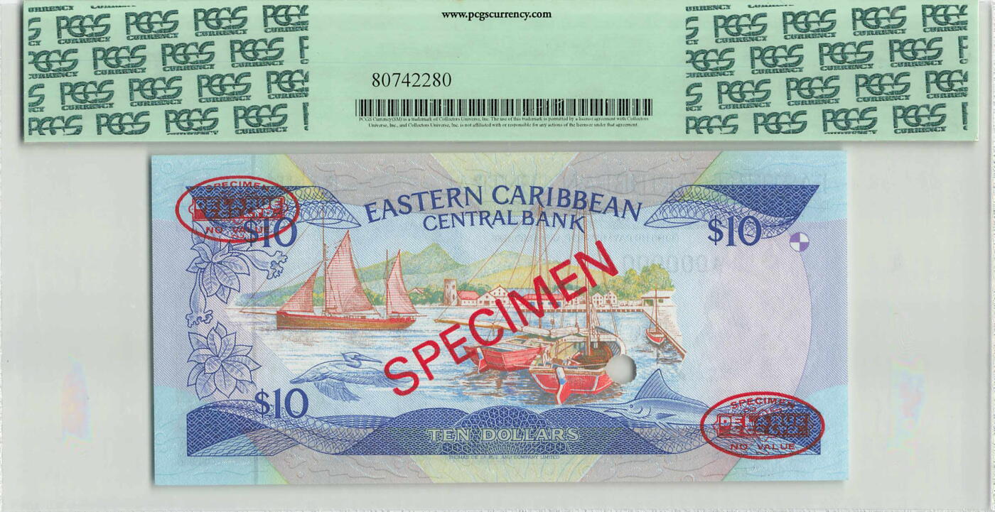 小福收藏拍卖第196期 评级币精选场 本期有68分倒置号布隆迪世界最大纸币 泰国69年10铢纪念钞0A冠百位倒置号  文莱06年500吉令特首年首冠 丹麦经典大松鼠 俄罗斯 玻利维亚 东加勒比 亚美尼亚等多国精美高分珍稀老钞精品纸币 东加勒比（A）安提瓜 1985-93年 10元 样钞 A-A冠 PCGS67 PPQ