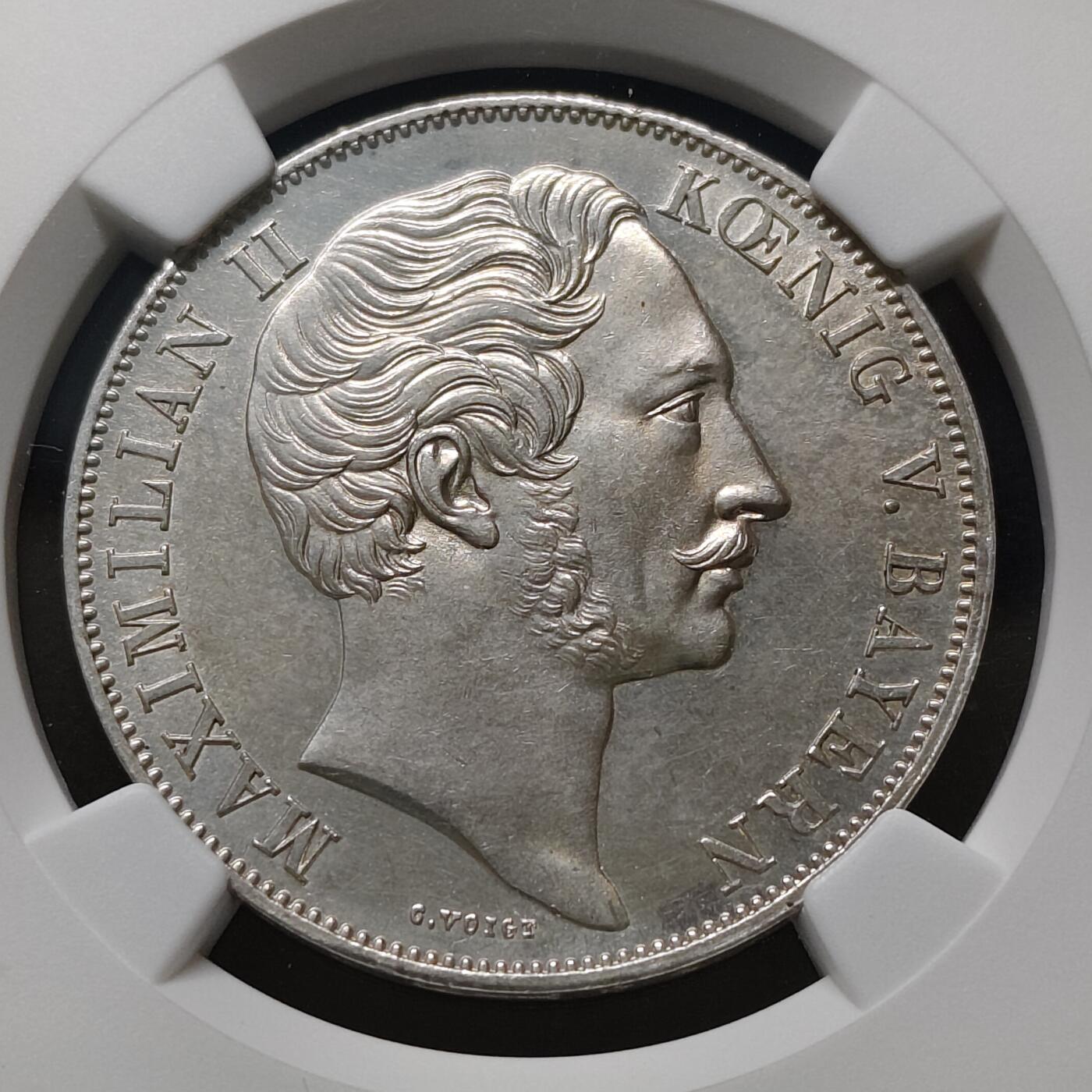 【全场包邮】纯粹捡漏拍481场（免费代拍第18场） 德国巴伐利亚1855年马克西米利安二世2盾圣母抱婴大银币-NGC UNC DETAILS 