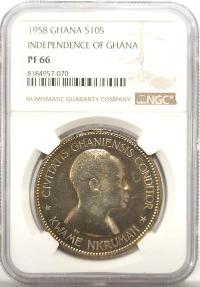 博洋堂世界钱币拍卖第149期（全场包邮） - NGC PF66 加纳1958年独立纪念10先令精制银币 少见品种 淡金彩 亚军分 高评仅1枚