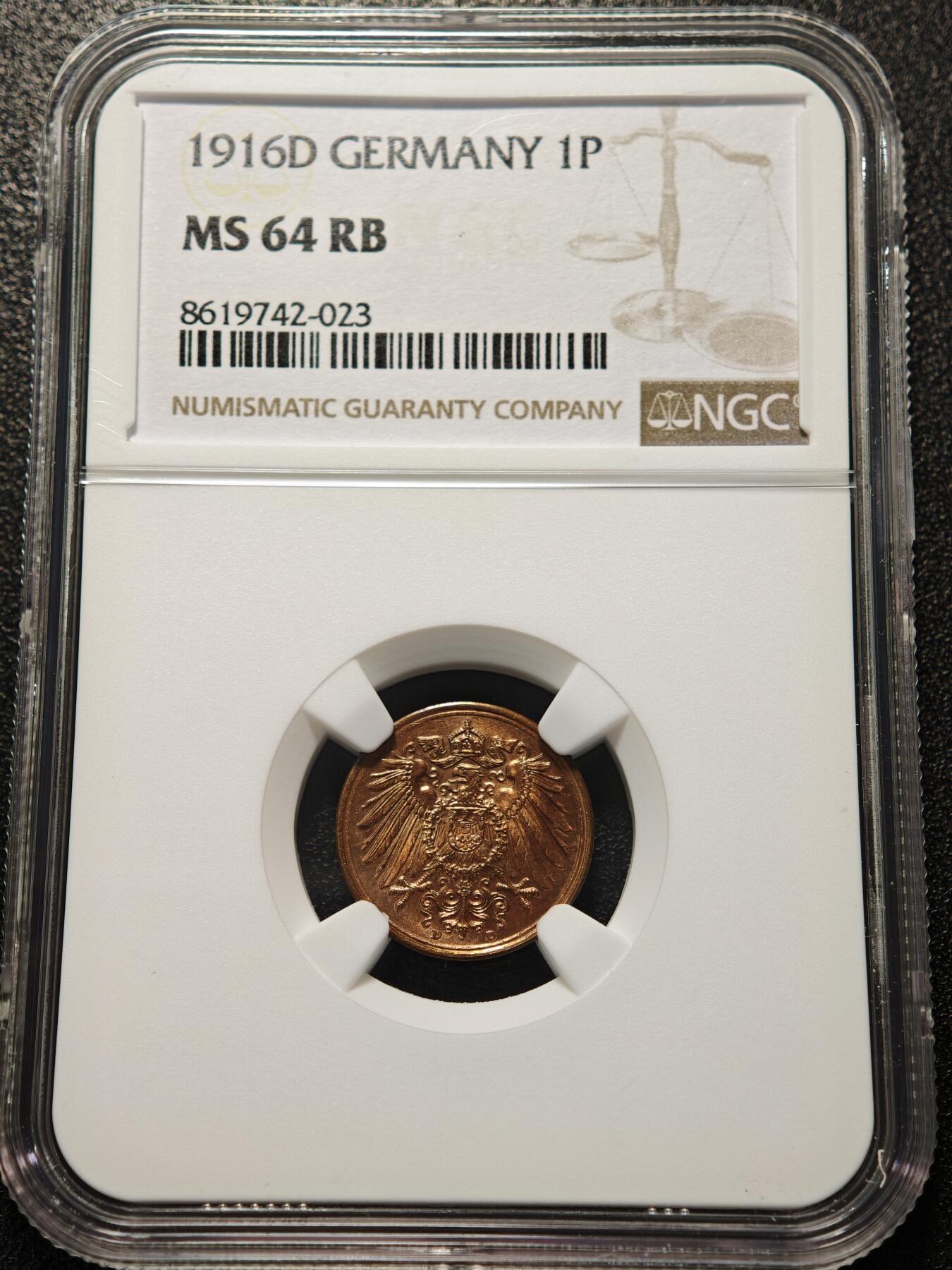 【德藏】世界币章拍卖第155期（拍品征集中~欢迎藏友联系） 1916年 德国1芬尼铜币 NGC MS64RB 原光十足 状态极佳