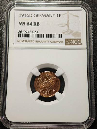 【德藏】世界币章拍卖第155期（拍品征集中~欢迎藏友联系） - 1916年 德国1芬尼铜币 NGC MS64RB 原光十足 状态极佳