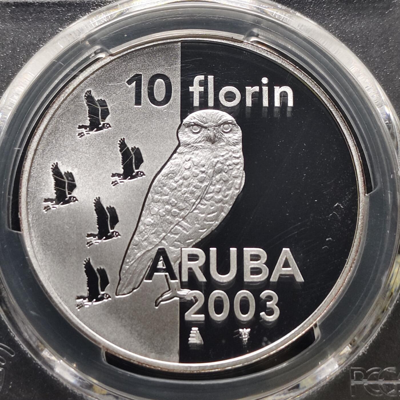 【全场包邮】纯粹捡漏拍481场（免费代拍第18场） 【罕见】阿鲁巴2003年10佛罗林穴小鸮精制纪念银币-量1000-PCGS PL69