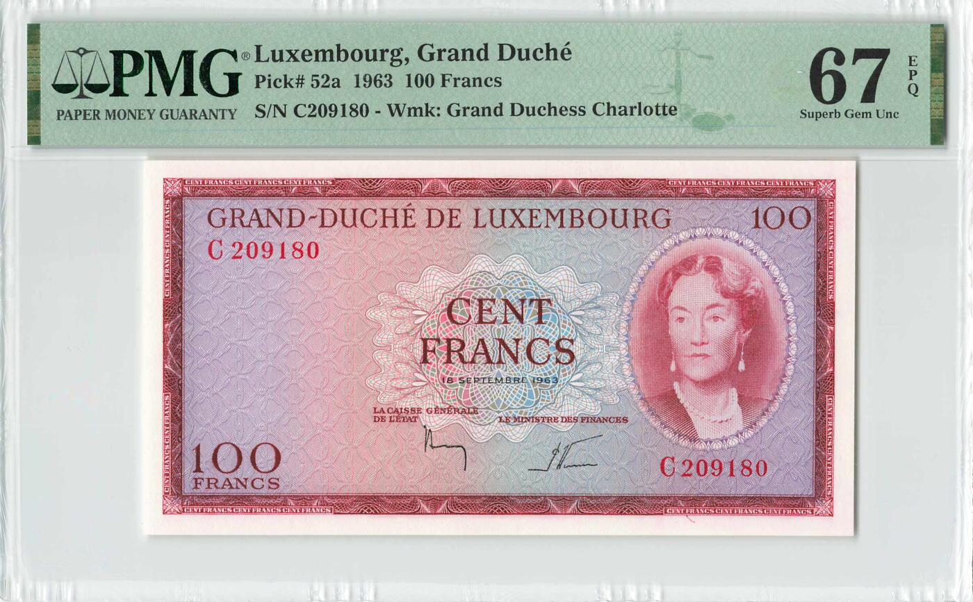 小福收藏拍卖第196期 评级币精选场 本期有68分倒置号布隆迪世界最大纸币 泰国69年10铢纪念钞0A冠百位倒置号  文莱06年500吉令特首年首冠 丹麦经典大松鼠 俄罗斯 玻利维亚 东加勒比 亚美尼亚等多国精美高分珍稀老钞精品纸币 卢森堡 1963年 100法郎 夏洛特公爵夫人 无47 PMG67 EPQ 亚军分