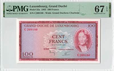 小福收藏拍卖第196期 评级币精选场 本期有68分倒置号布隆迪世界最大纸币 泰国69年10铢纪念钞0A冠百位倒置号  文莱06年500吉令特首年首冠 丹麦经典大松鼠 俄罗斯 玻利维亚 东加勒比 亚美尼亚等多国精美高分珍稀老钞精品纸币 - 卢森堡 1963年 100法郎 夏洛特公爵夫人 无47 PMG67 EPQ 亚军分