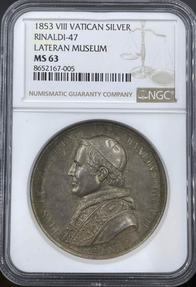 「木头集藏」章牌精品专场！ - 1853年梵蒂冈教皇庇护九世 拉特朗宫博物馆扩建 纪念银章，MS 63，较少见教皇纪念银章，品相不错。