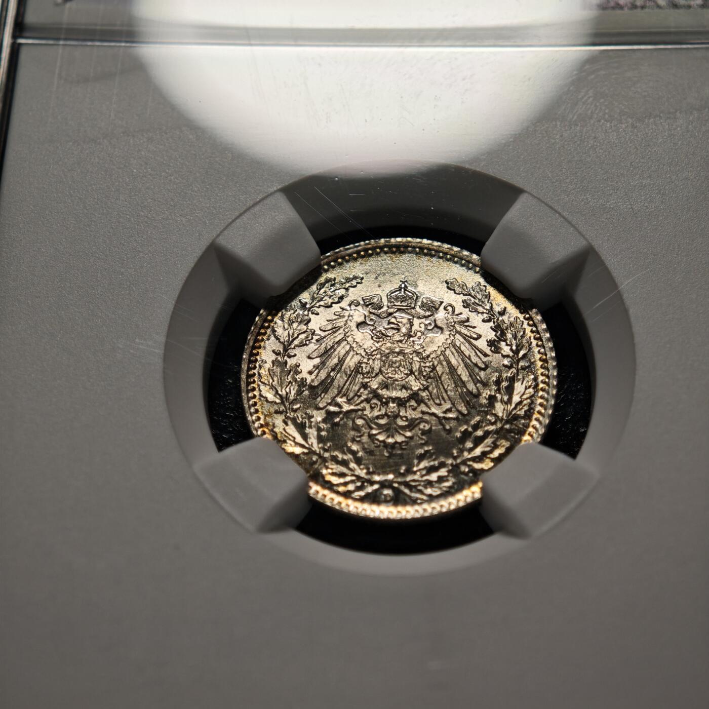 【德藏】世界币章拍卖第155期（拍品征集中~欢迎藏友联系） 1918年 德国巴伐利亚1/2马克银币 NGC MS67 淡五彩包浆 顶级品相状态