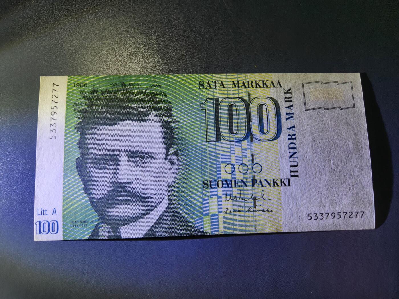 11月28号晚上8点 外国纸币自动截拍第64场 芬兰100马克纸币 1986年LITT.A再版 西贝柳斯 几乎全新