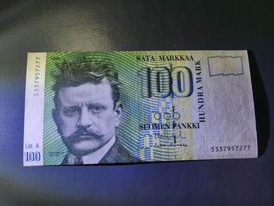 11月28号晚上8点 外国纸币自动截拍第64场 - 芬兰100马克纸币 1986年LITT.A再版 西贝柳斯 几乎全新