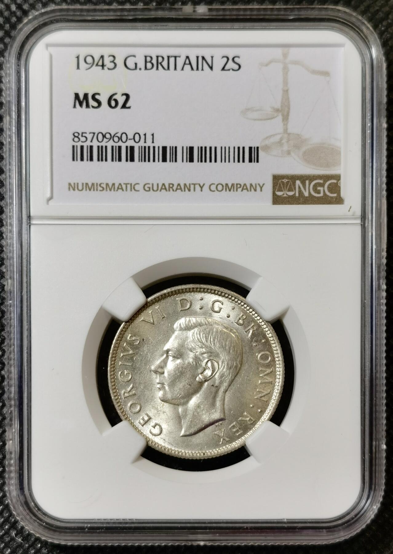 甄臻铺-世界币章拍卖（第40期）送拍享返佣金等优惠多多 NGC-MS62 英国1943年乔治六世弗洛林银币，原色银光，63-64状态，遇上低评了