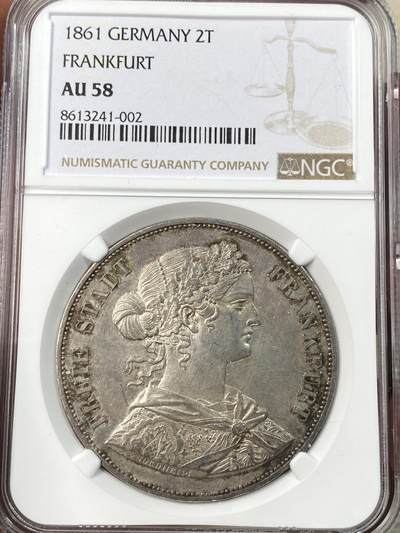 万国钱币拍卖第056期 - NGC AU58 1861年德国法兰克福少女流通2泰勒 经典法兰城少女2T 欧陆淡彩转光