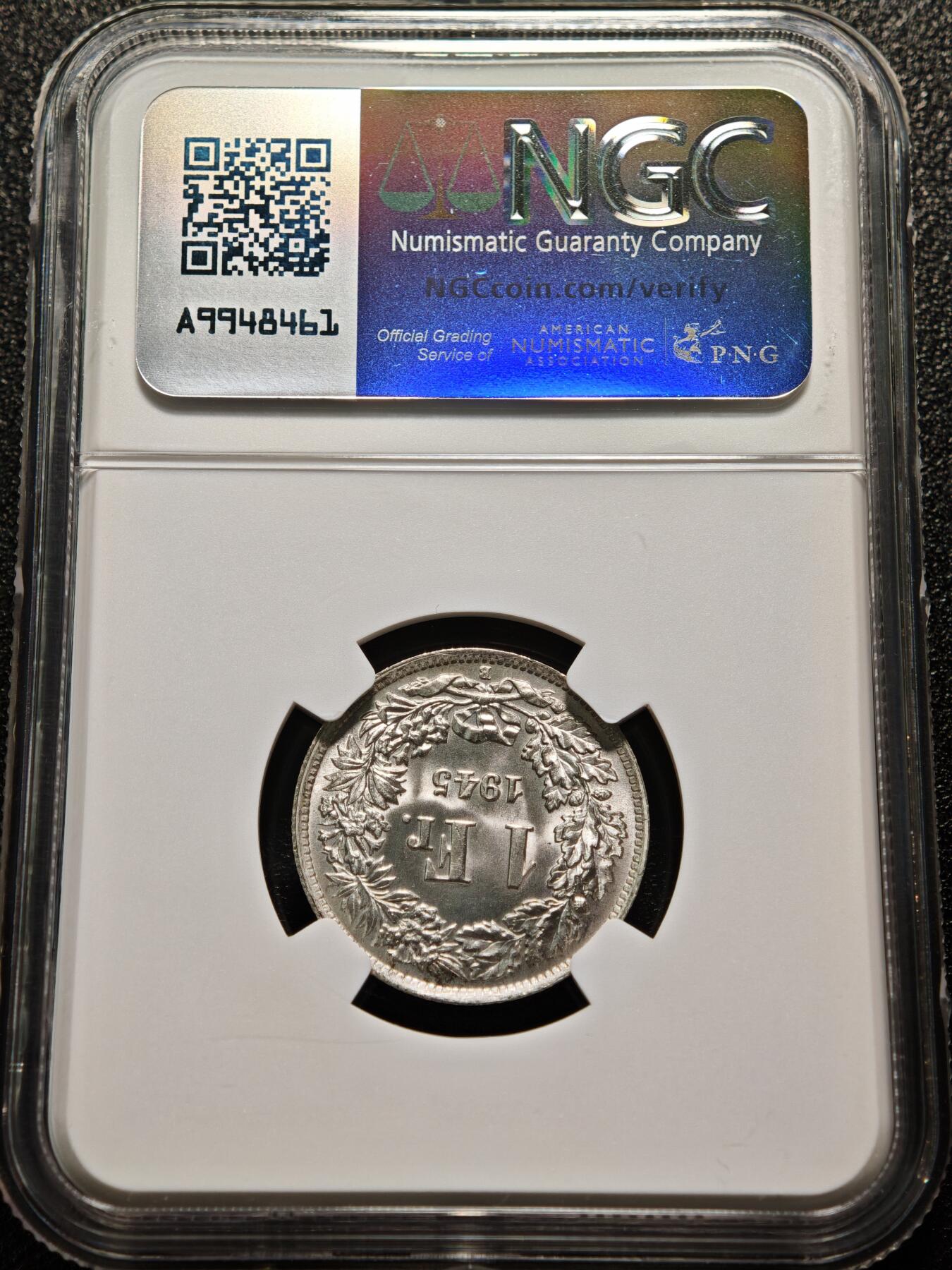 【德藏】世界币章拍卖第155期（拍品征集中~欢迎藏友联系） 冠军分！1945年 瑞士1法郎银币 NGC MS67 原光十足 状态极佳